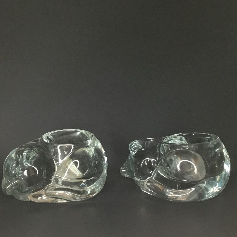 VTG Indiana Glass‎ 2 Crystal Votive Candle Holder Sleeping Cat Figurine
